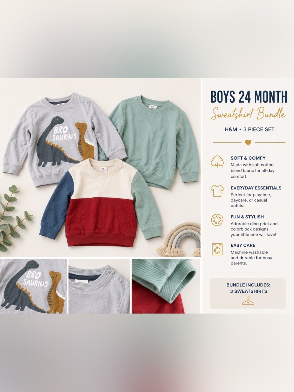 H&M Boys 3-Pack Sweatshirt Set - Gray, Cream, Sage & Red Accent